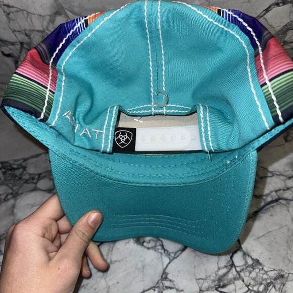 Ariat Serape Stripe Aqua Hat Adjustable Strap Baseball Cap Rainbow Snap Back NEW - Picture 2 of 3